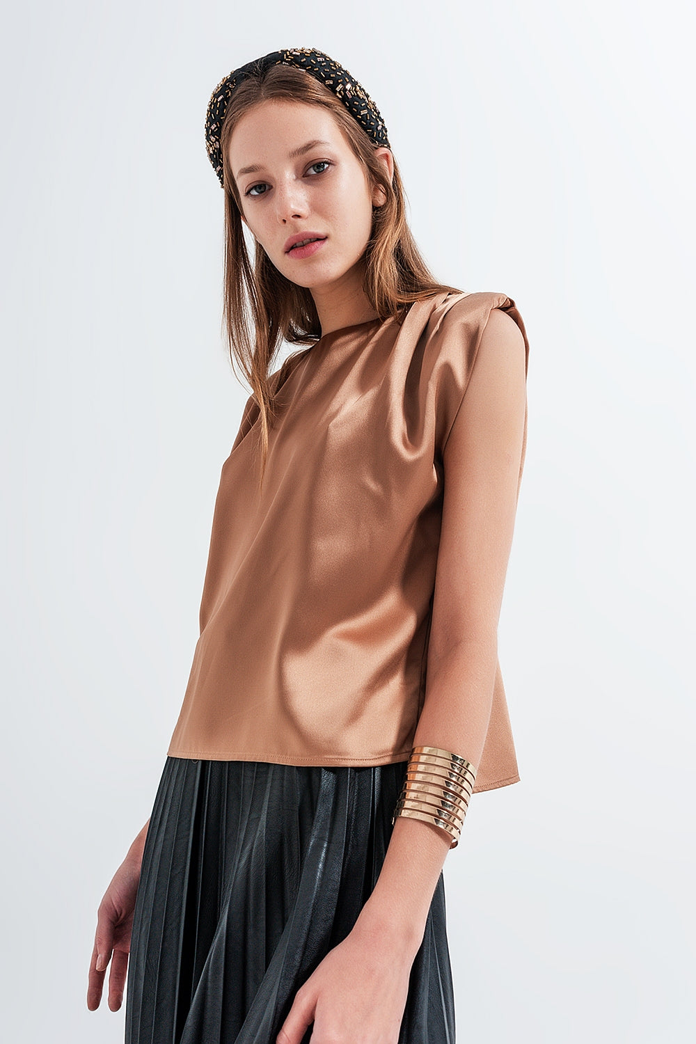 Gathered satin shoulder pad sleeveless top in gold