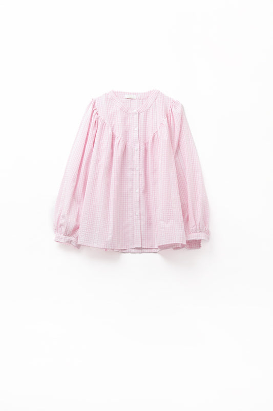 Q2 Gingham Pale Pink Collarless Blouse With Wide Sleeves