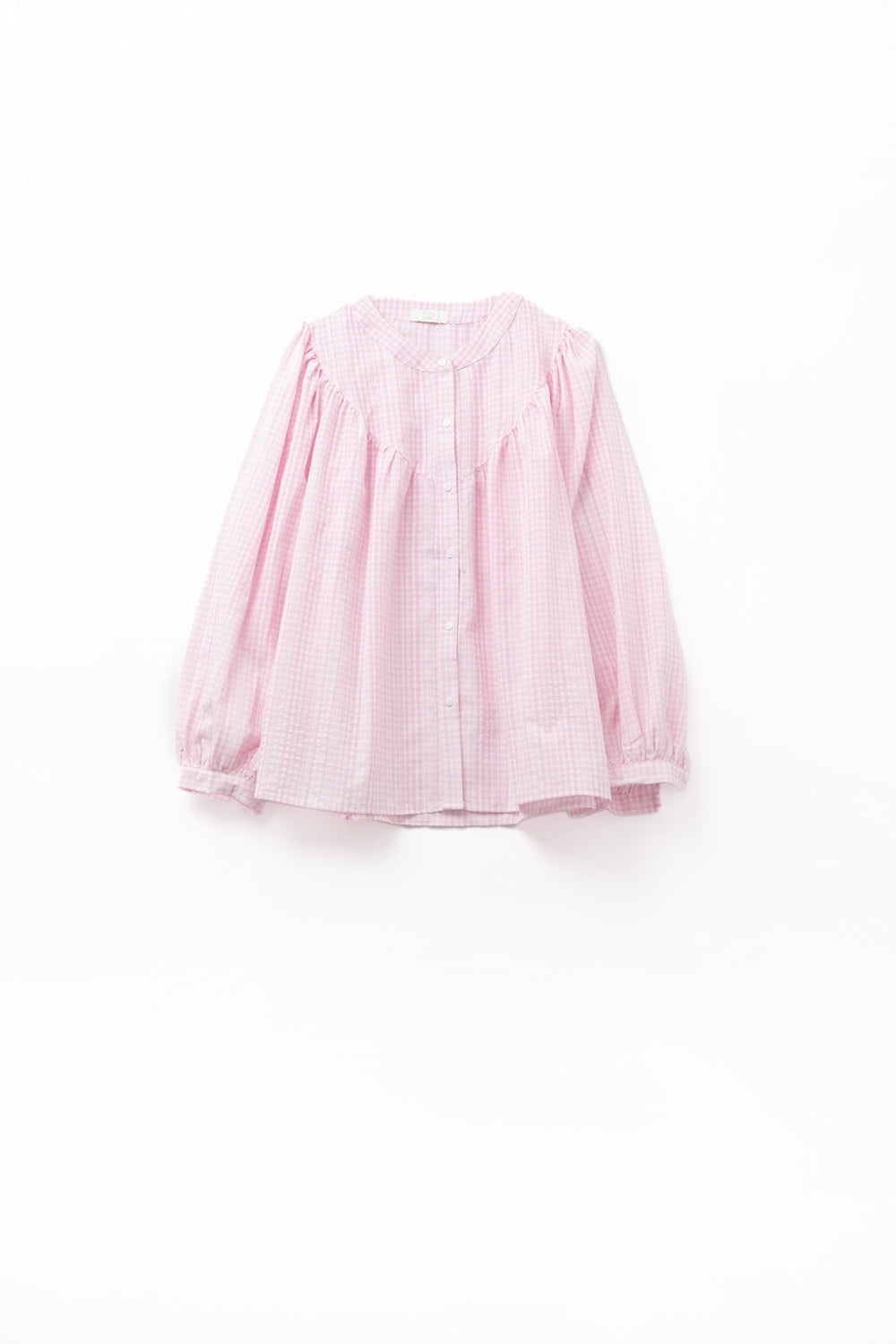 Q2 Gingham Pale Pink Collarless Blouse With Wide Sleeves