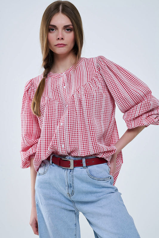 Q2 Gingham Red and White Collarless Blouse With Wide Sleeves