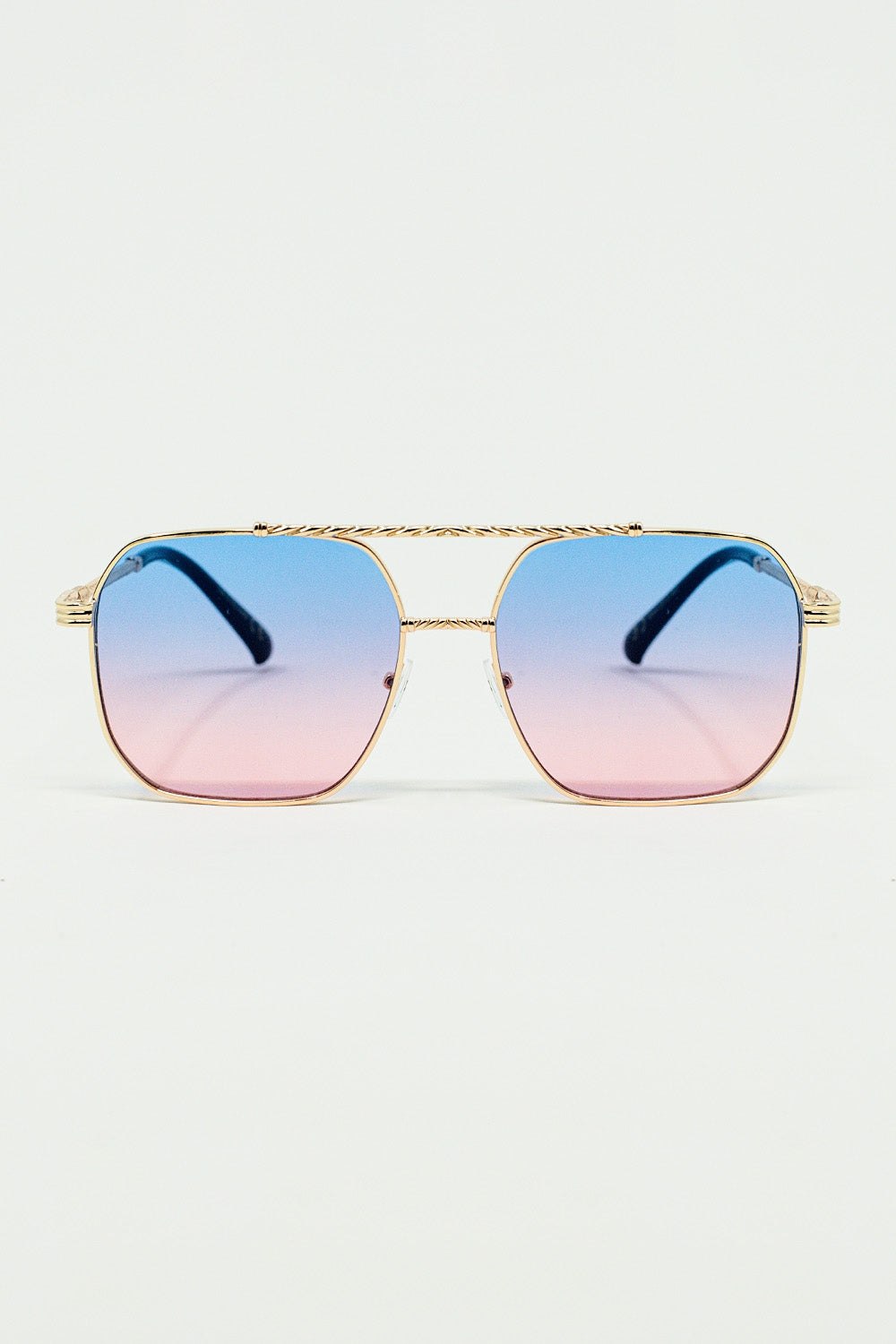 Q2 gold square frame sunglasses in ombre light blue with pink
