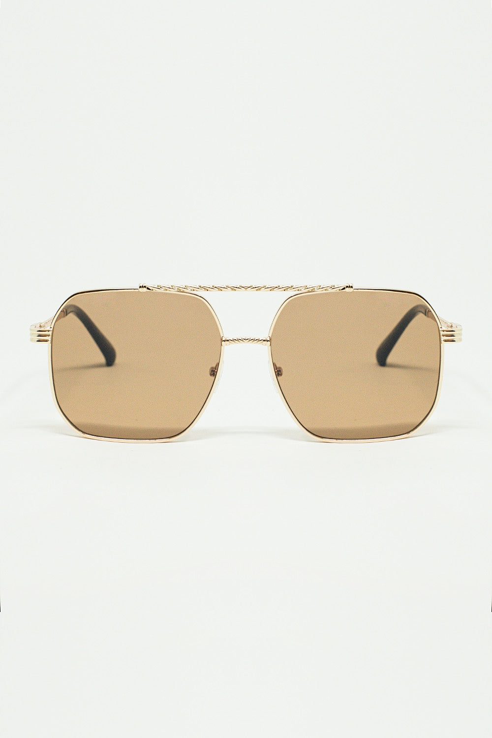 Q2 gold square frame sunglasses with brown lenses