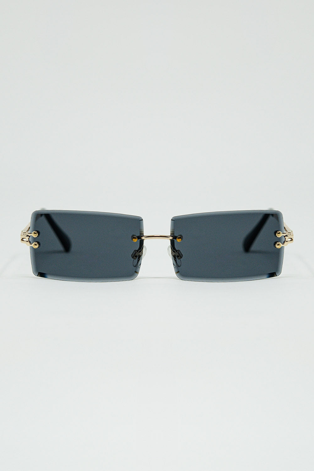 Q2 Gold Thin Rimless Square Sunglasses With Black Lenses