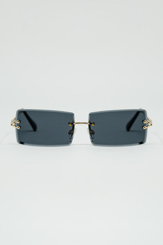 Q2 Gold Thin Rimless Square Sunglasses With Black Lenses