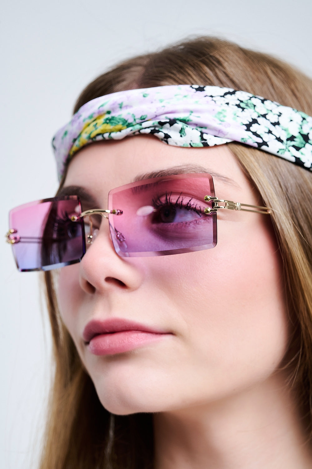 Q2 Gold Thin Rimless Square Sunglasses with Purple to Pink Gradient Lenses