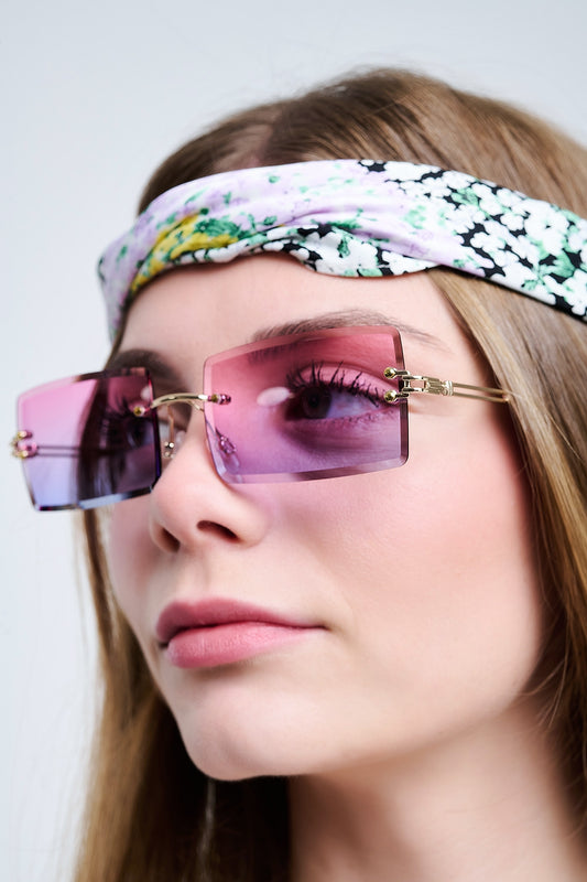 Q2 Gold Thin Rimless Square Sunglasses with Purple to Pink Gradient Lenses