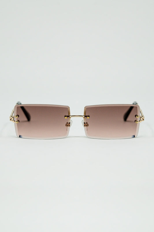 Q2 Gold Thin Rimless Square Sunglasses with Soft Brown Gradient Lenses