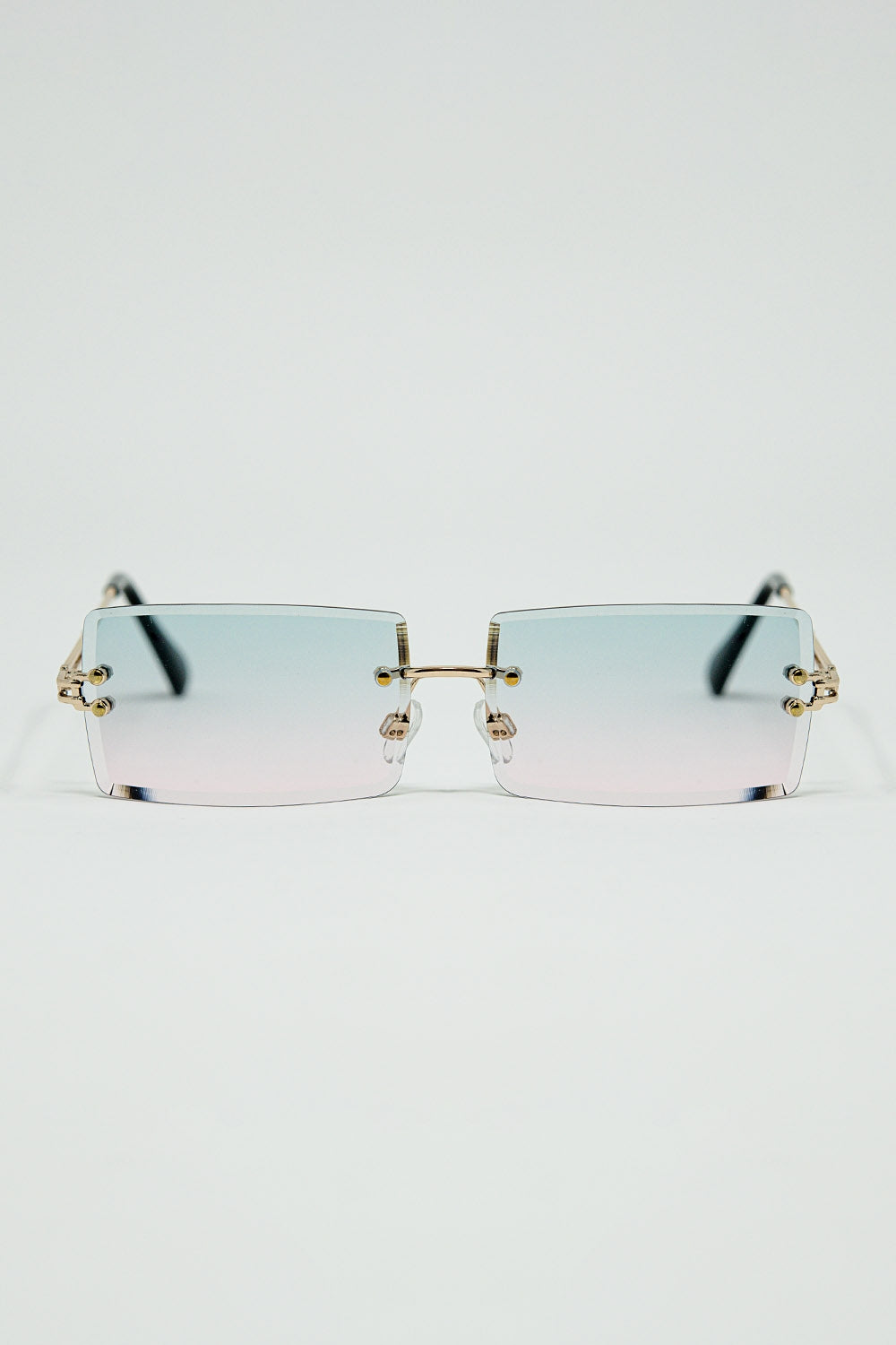Q2 Gold Thin Rimless Square Sunglasses with Turquoise and Pink Gradient Lenses