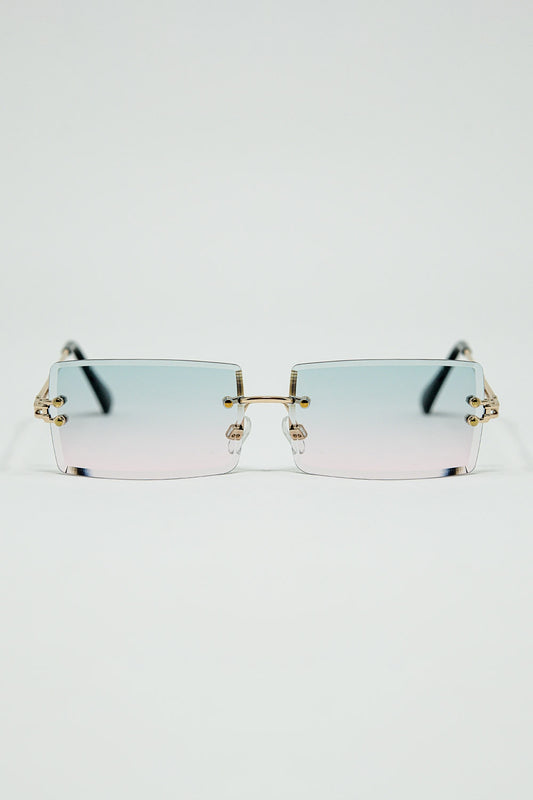 Q2 Gold Thin Rimless Square Sunglasses with Turquoise and Pink Gradient Lenses