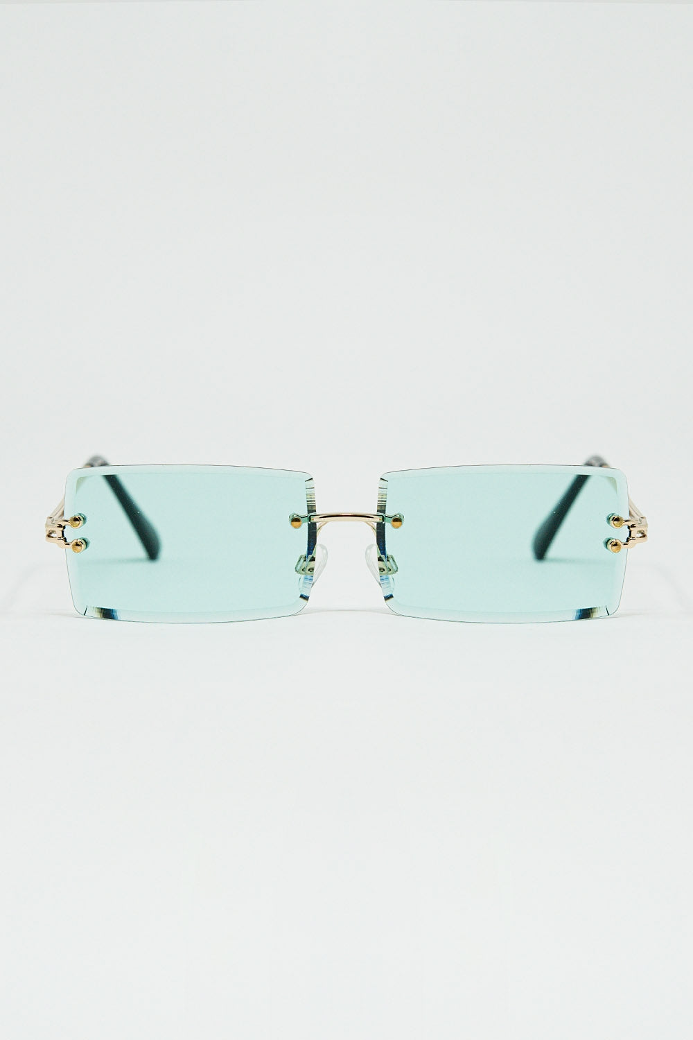 Q2 Gold Thin Rimless Square Sunglasses with Turquoise Lenses