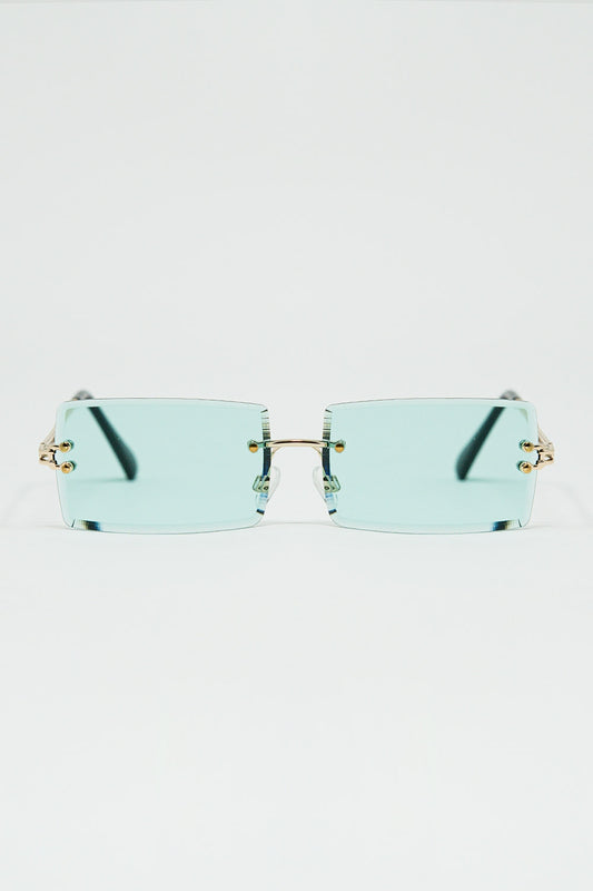 Q2 Gold Thin Rimless Square Sunglasses with Turquoise Lenses