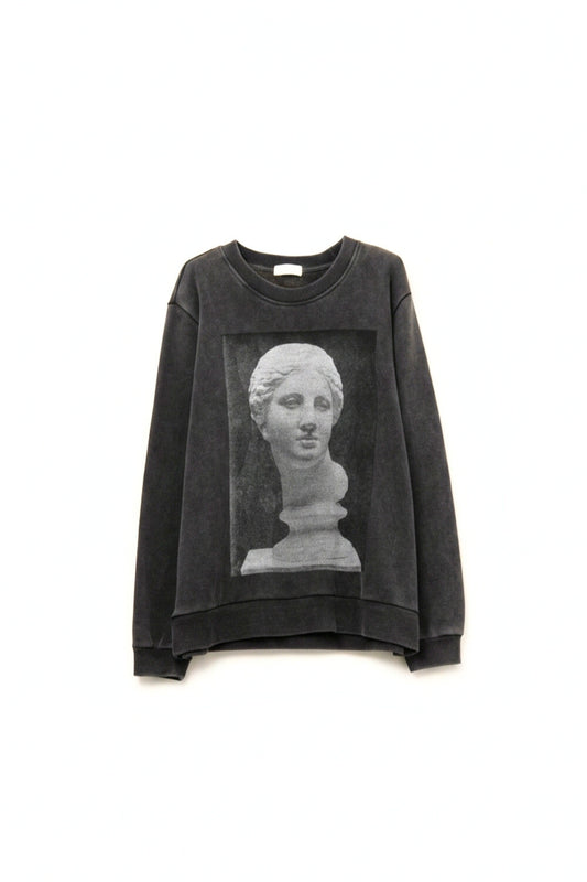 Q2 Gray Oversized Sweater with Aged Statue Print