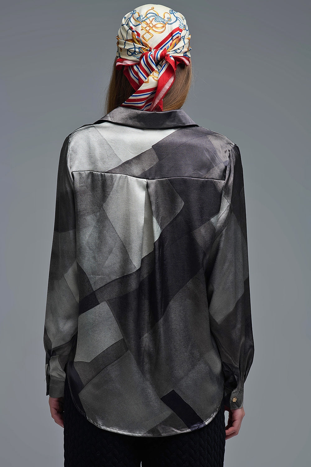 gray satin shirt with geometric print