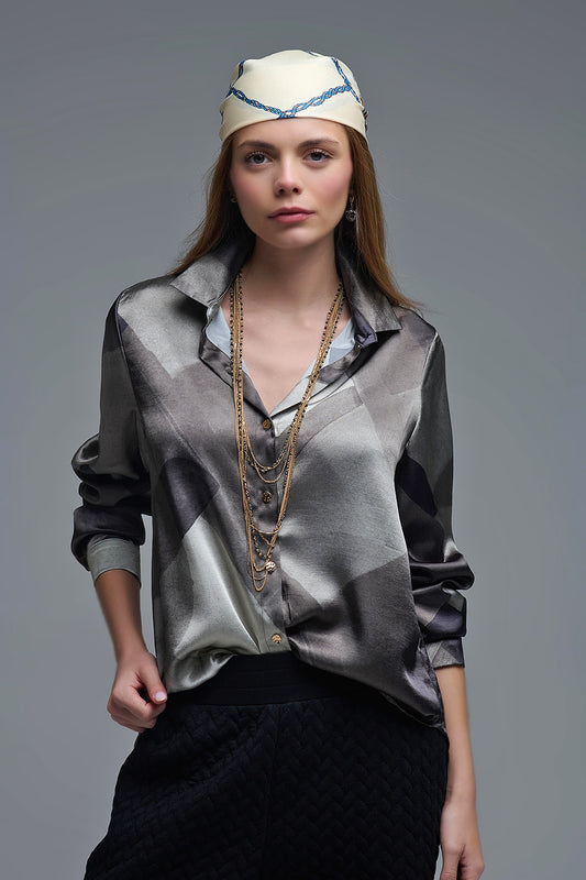 Q2 gray satin shirt with geometric print