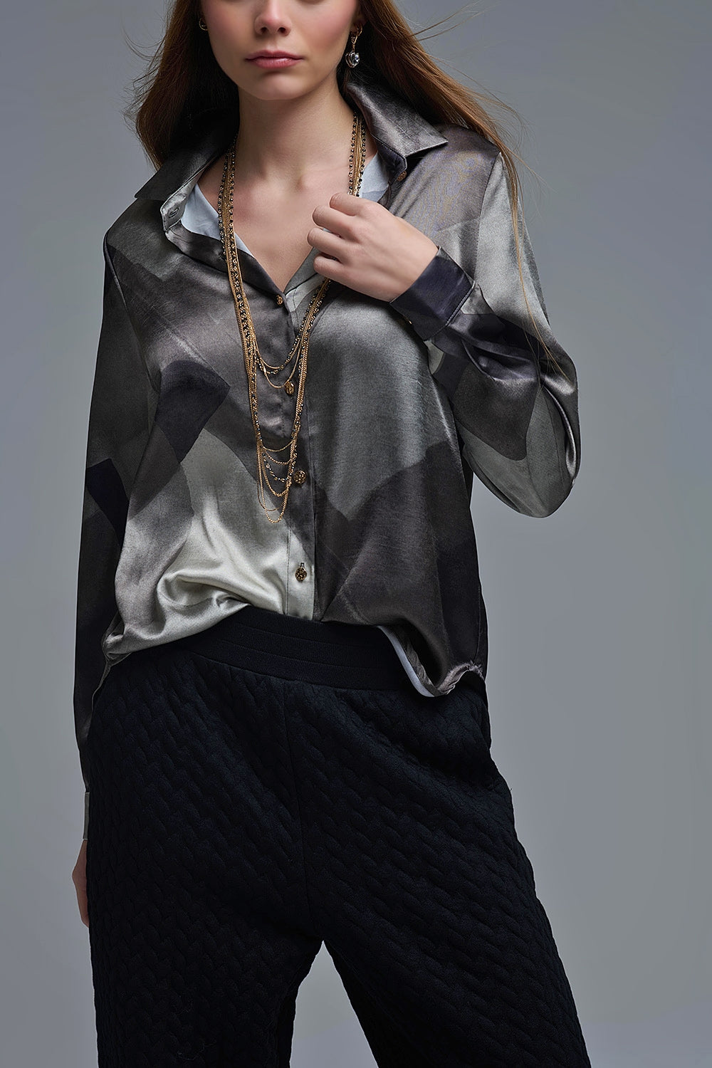 gray satin shirt with geometric print