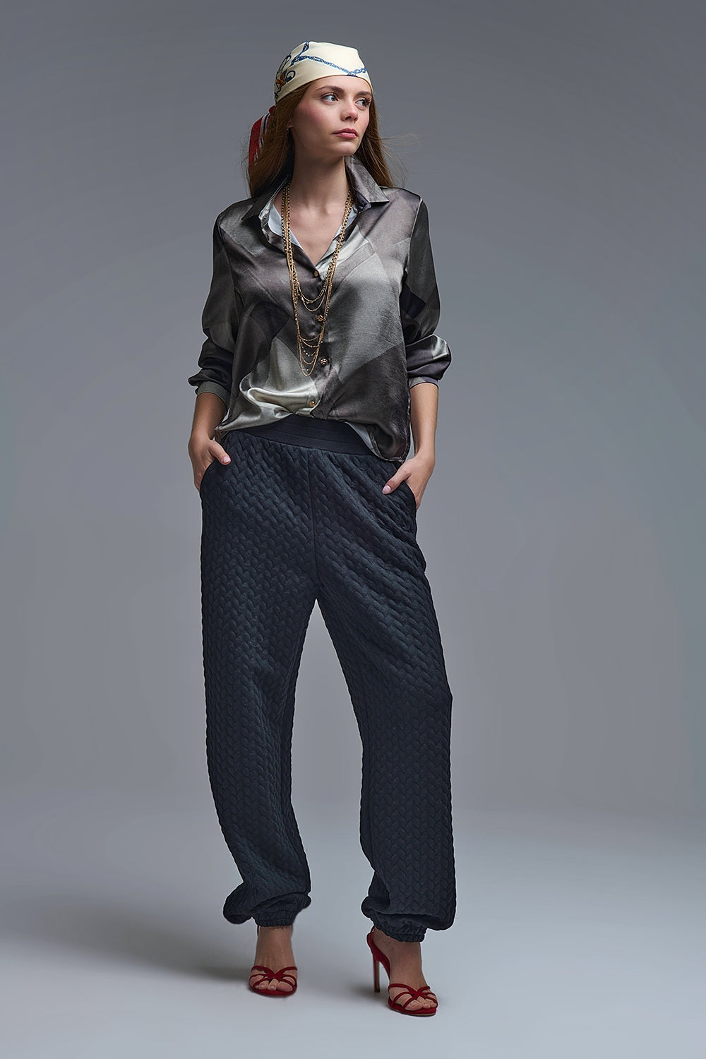 gray satin shirt with geometric print