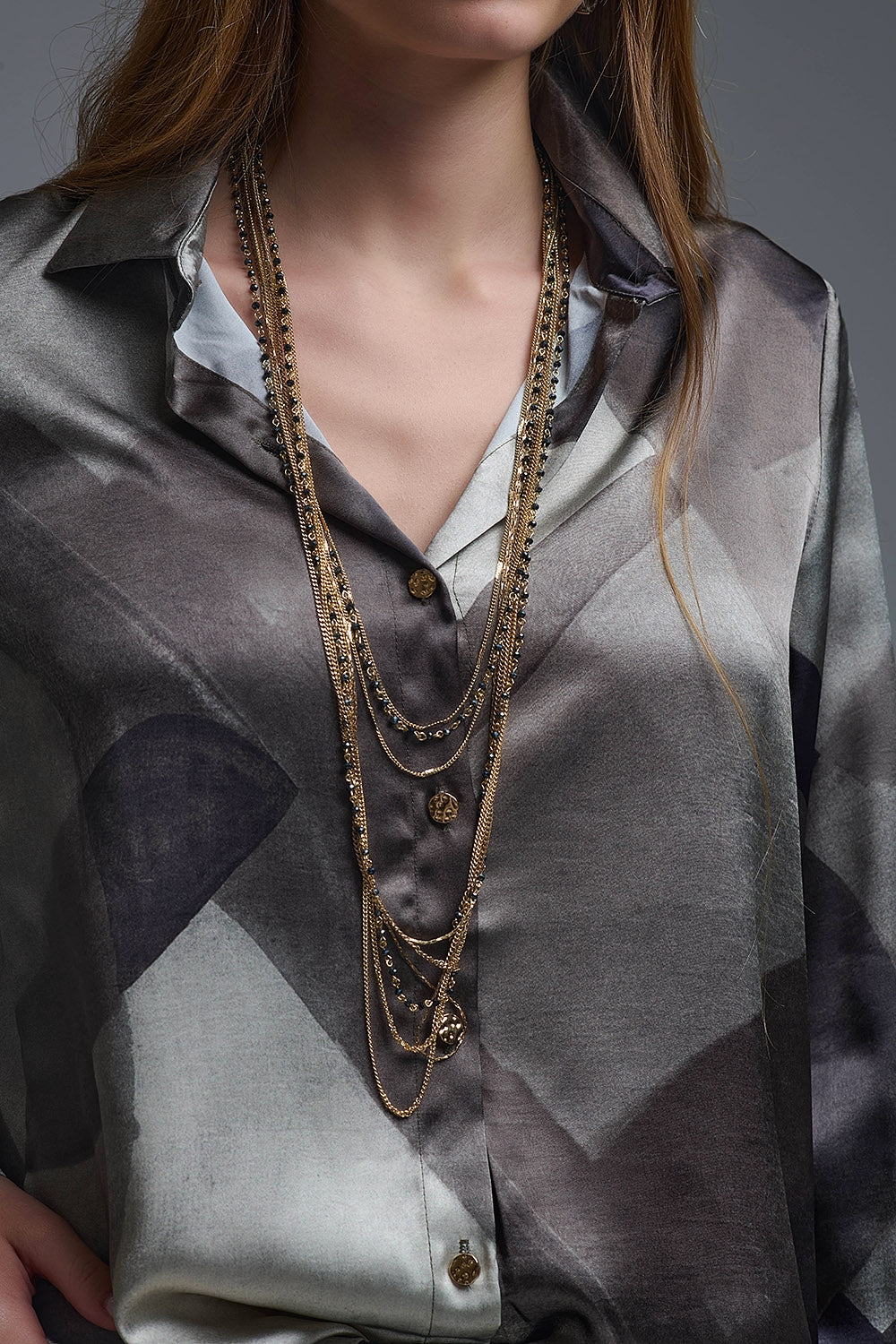 gray satin shirt with geometric print