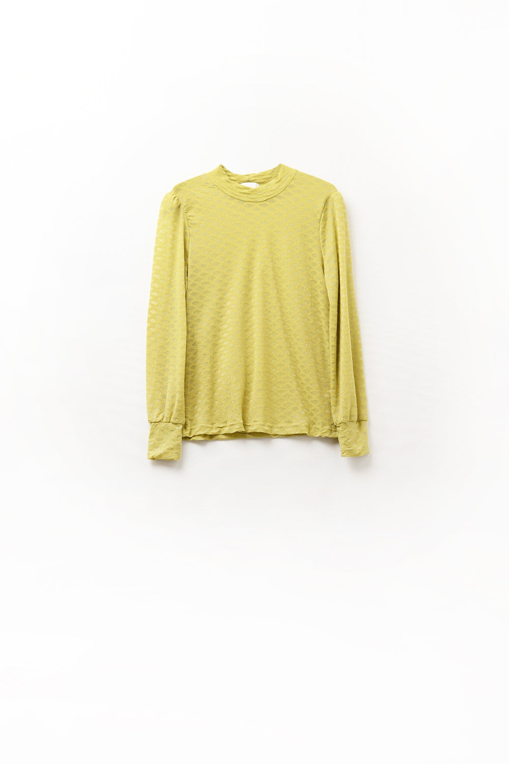 Q2 green lace top with high neck and cuff detail