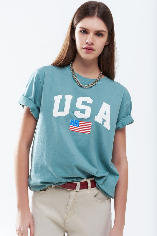 Q2 Green loose long t-shirt with USA logo