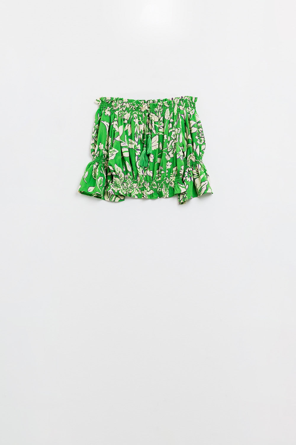 Groene off-shoulder top met elastische tailleband en bloemenprint