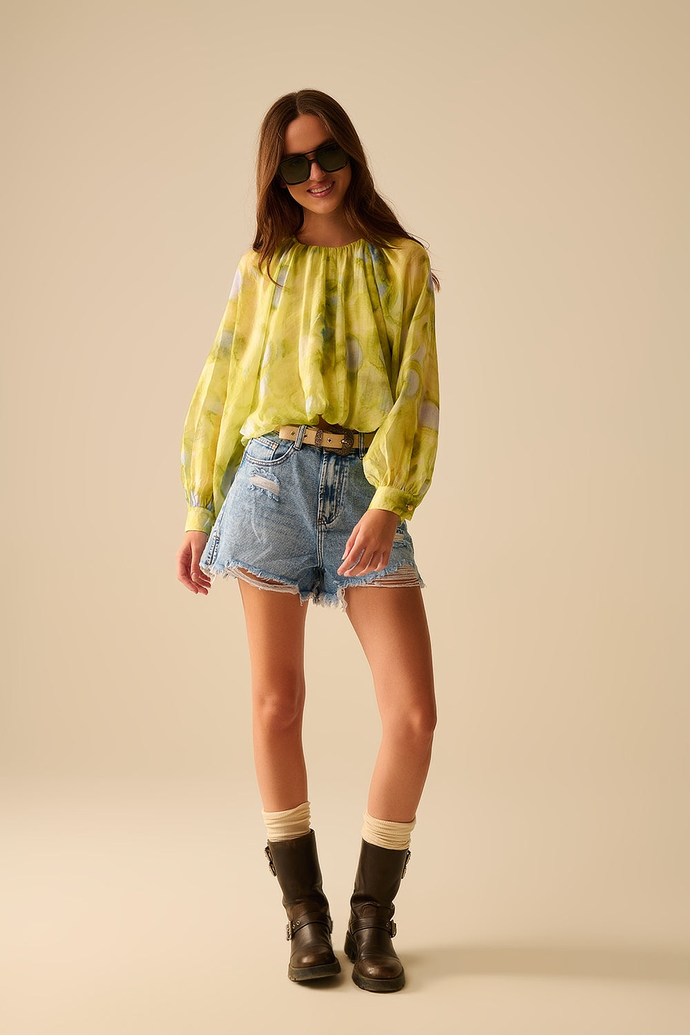 green printed chiffon blouse with balloon sleeves