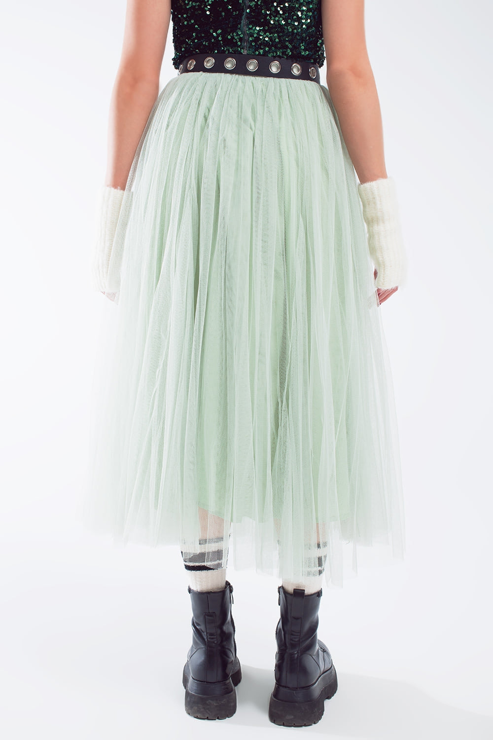Green tulle midi skirt with elastic waist
