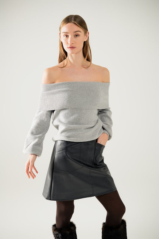 Q2 Grey boat neck sweater with sequins