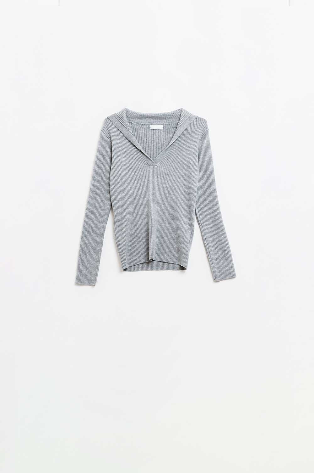 Q2 Grey Collared Rib Top With Long Sleeves