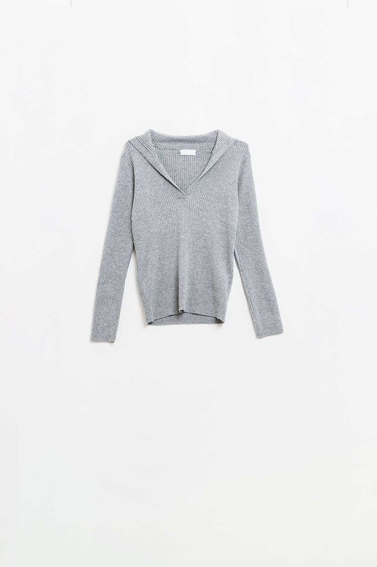 Q2 Grey Collared Rib Top With Long Sleeves