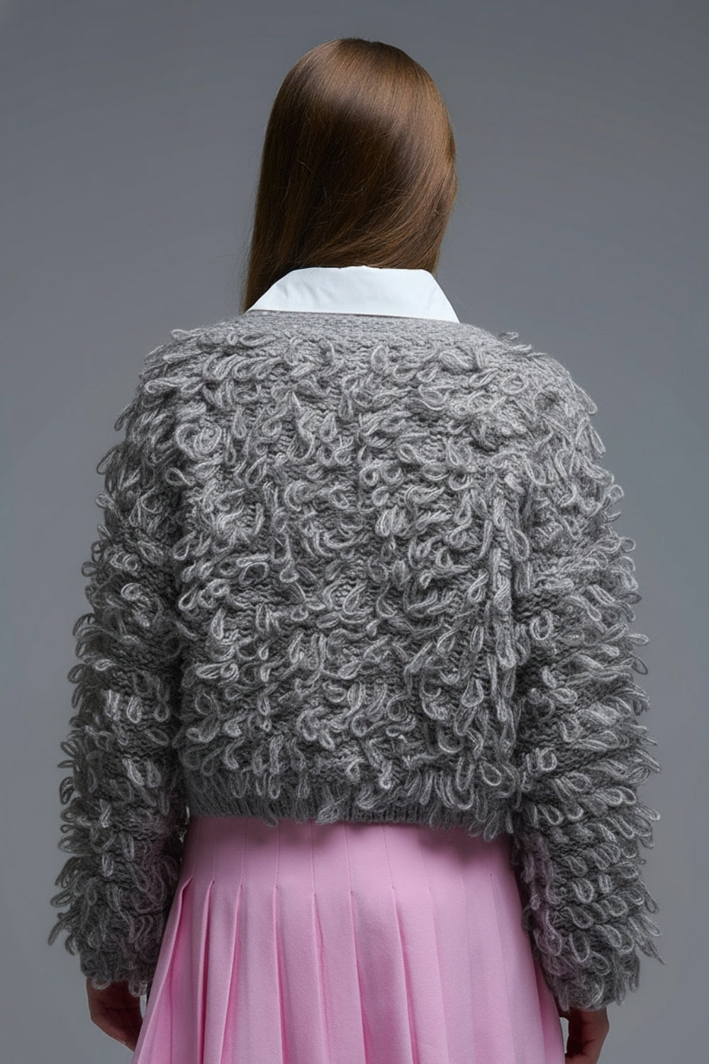 Grey Cropped chunky Knit cardigan with V-Neck and Front Tie closure