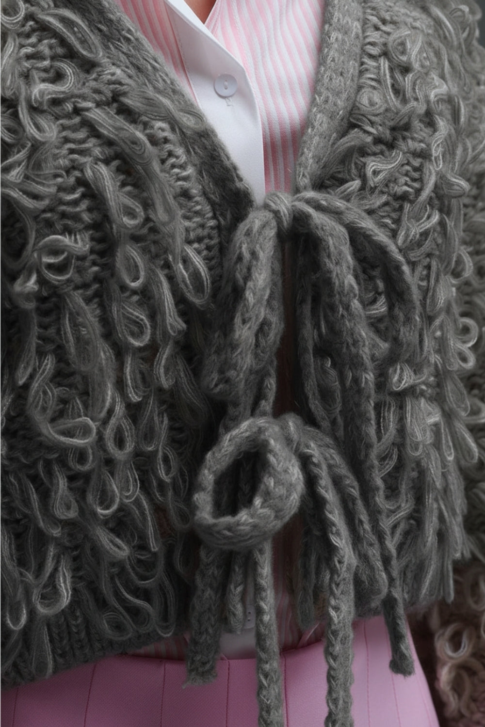 Grey Cropped chunky Knit cardigan with V-Neck and Front Tie closure