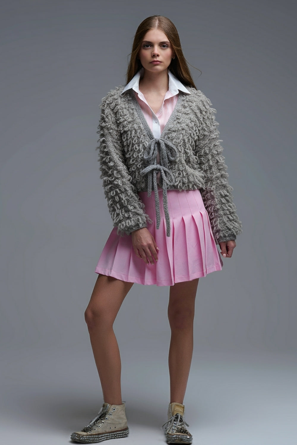 Grey Cropped chunky Knit cardigan with V-Neck and Front Tie closure