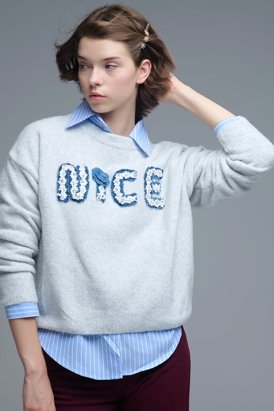 Q2 Grey Round Neck Sweater With Embroidered Nice