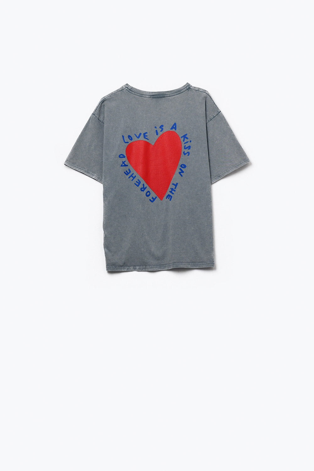 Grey T-shirt featuring a heart design on both the front and back