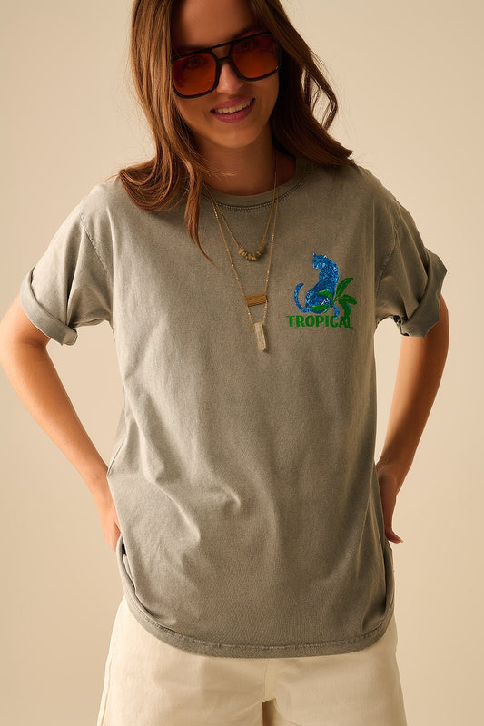 Q2 Grey t-shirt made in Italy with tropical graphic print