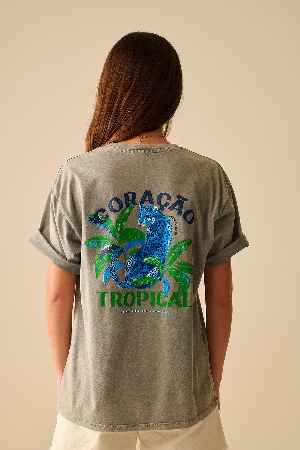 Grey t-shirt made in Italy with tropical graphic print