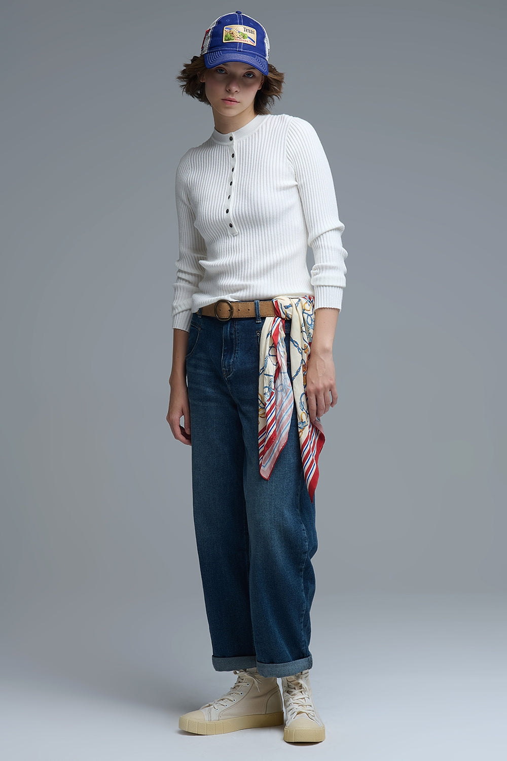 henley Long Sleeve Ribbed Sweater in White