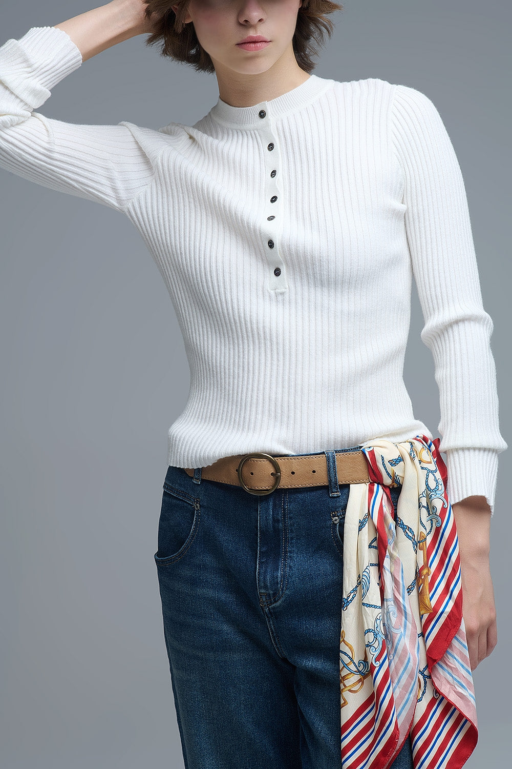 henley Long Sleeve Ribbed Sweater in White
