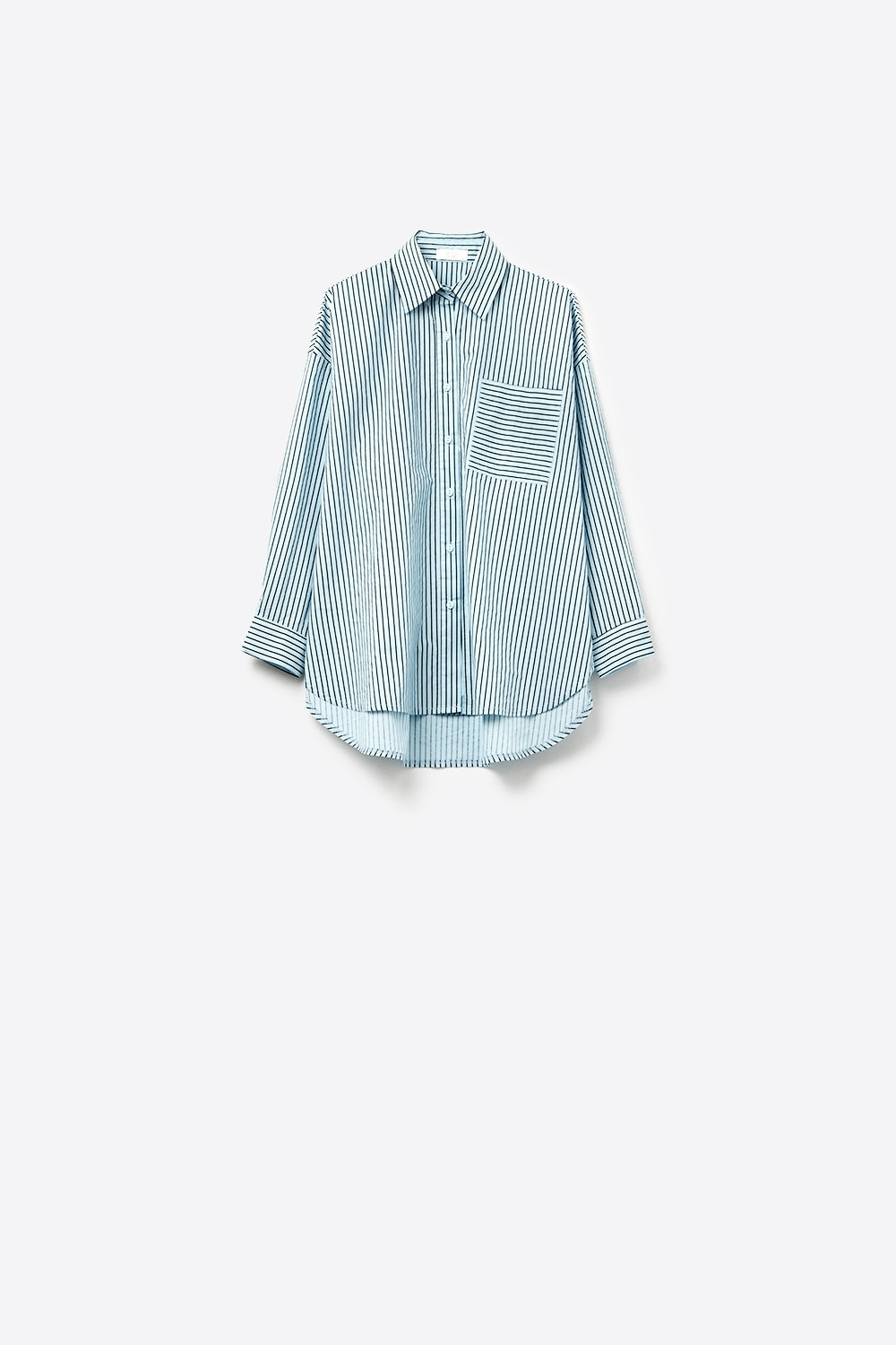 High-Low Oversized Striped Shirt With Chest Pocket in Black and Blue