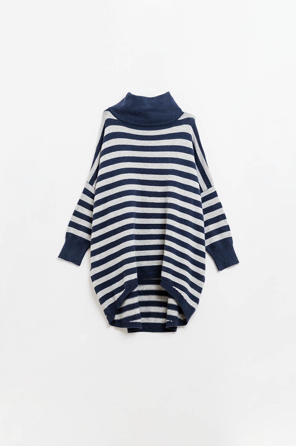 Oversized trui met hoge hals, vleermuisvleugels en strepen in marineblauw en grijs