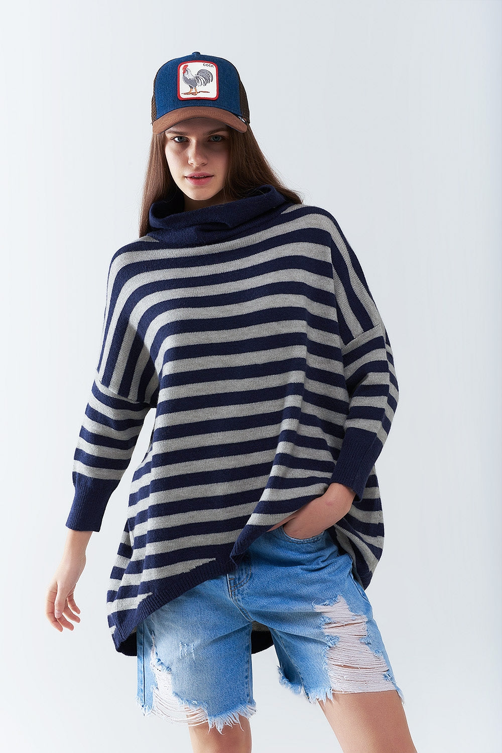 Q2 High Neck Oversized Sweater With Bat Wings and Stripes in navy and grey