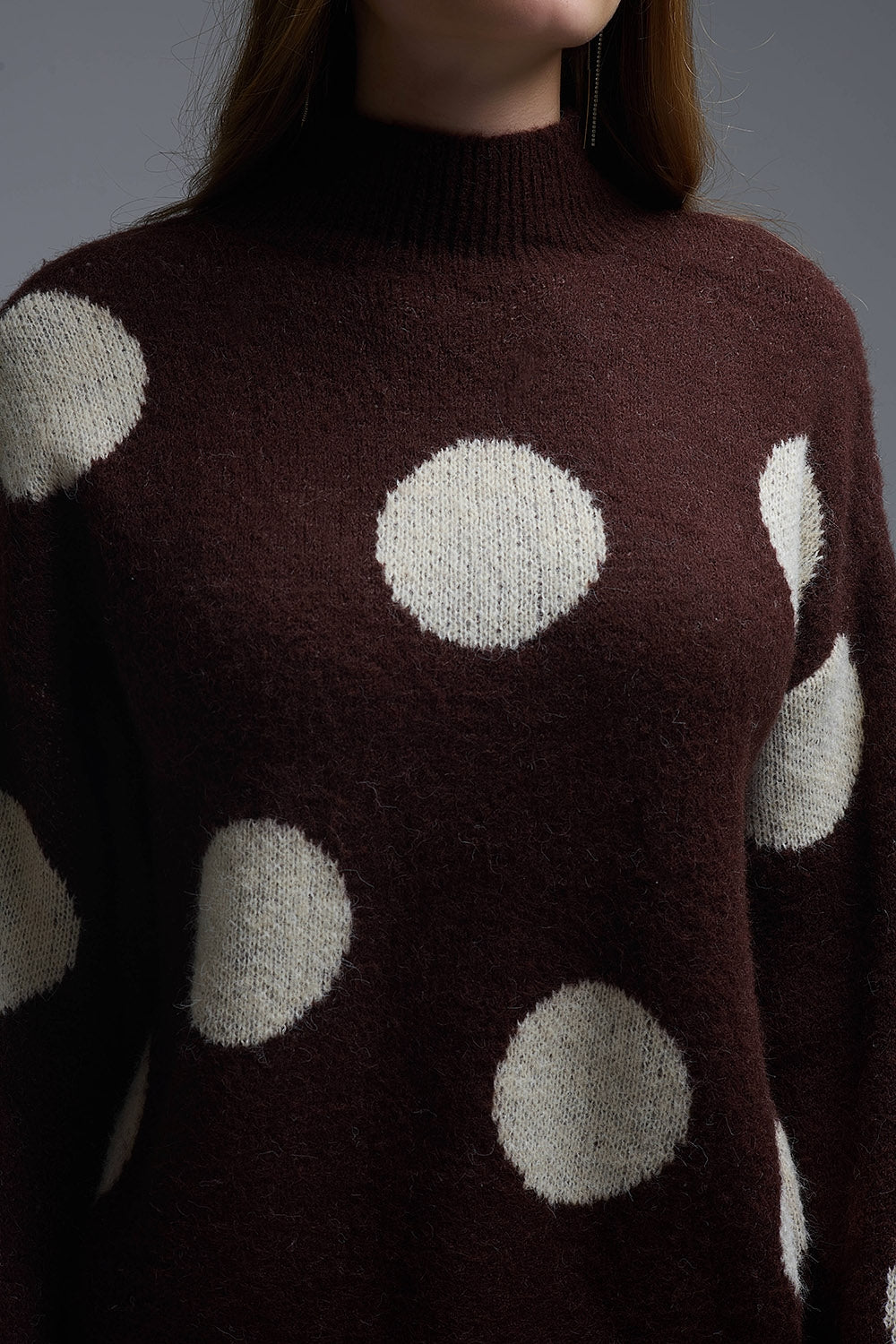 High-Neck Polka Dot Sweater With Bell Sleeves in Brown