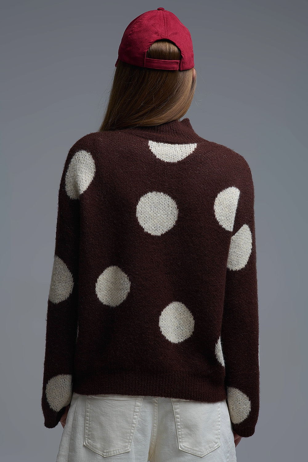 High-Neck Polka Dot Sweater With Bell Sleeves in Brown