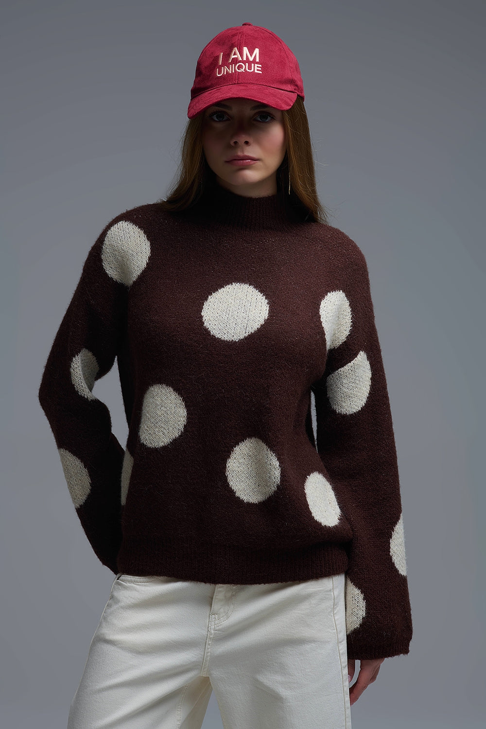 Q2 High-Neck Polka Dot Sweater With Bell Sleeves in Brown