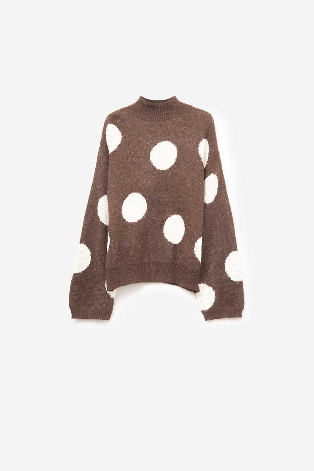 High-Neck Polka Dot Sweater With Bell Sleeves in Brown