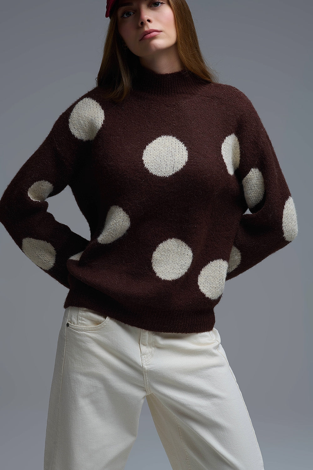 High-Neck Polka Dot Sweater With Bell Sleeves in Brown