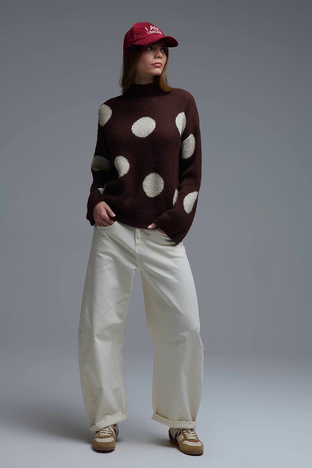 High-Neck Polka Dot Sweater With Bell Sleeves in Brown
