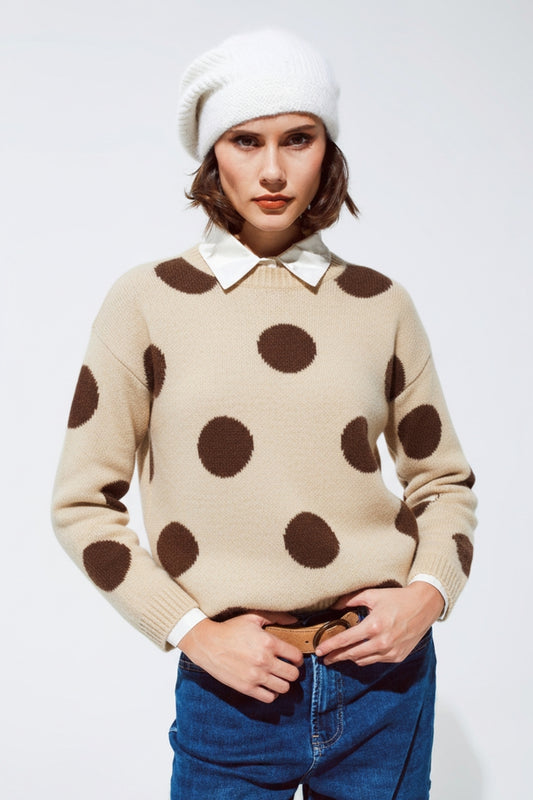 Q2 High-Neck Polka Dot Sweater With Bell Sleeves in Cream