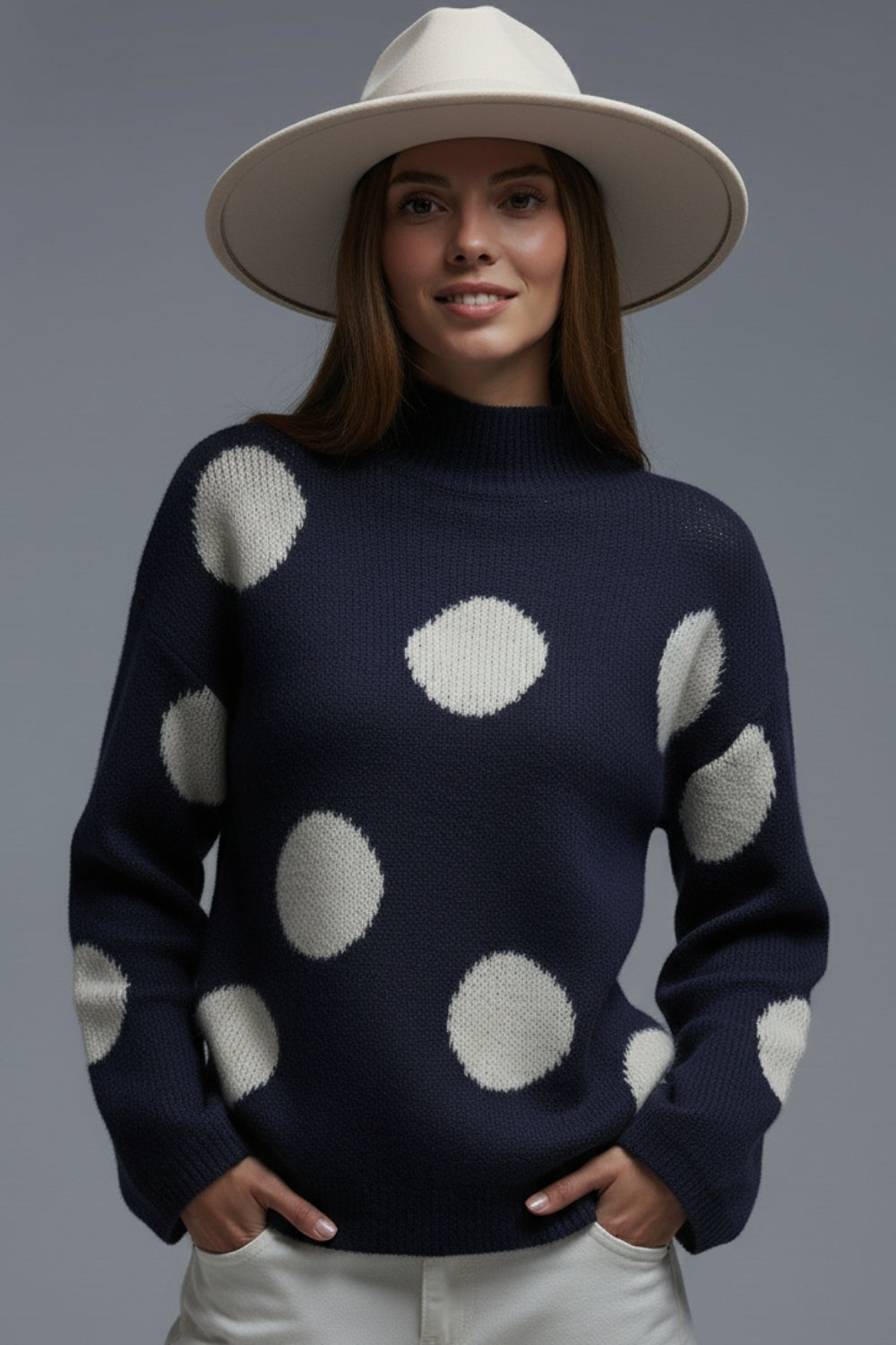 Q2 High-Neck Polka Dot Sweater With Bell Sleeves in navy