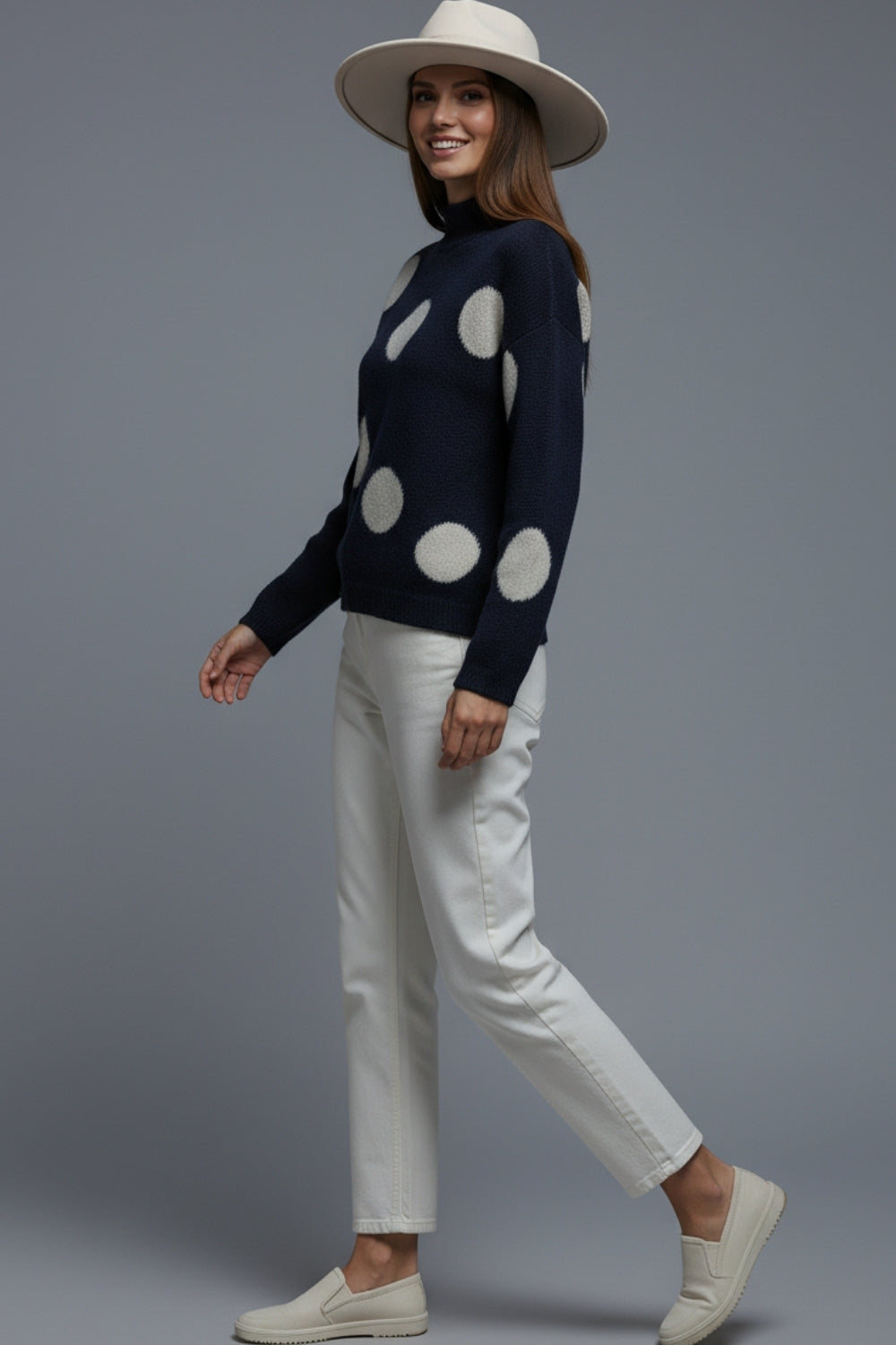 High-Neck Polka Dot Sweater With Bell Sleeves in navy